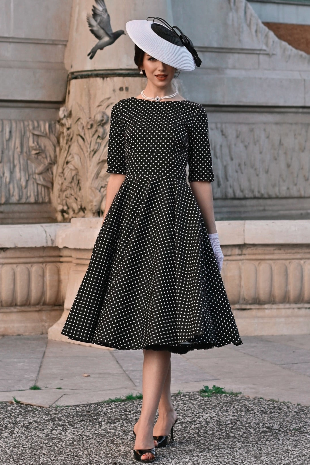 Polka Dot Midi Dress with Elbow Sleeves & V-Back