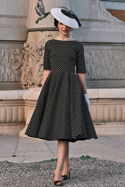 Polka Dot Midi Dress with Elbow Sleeves & V-Back