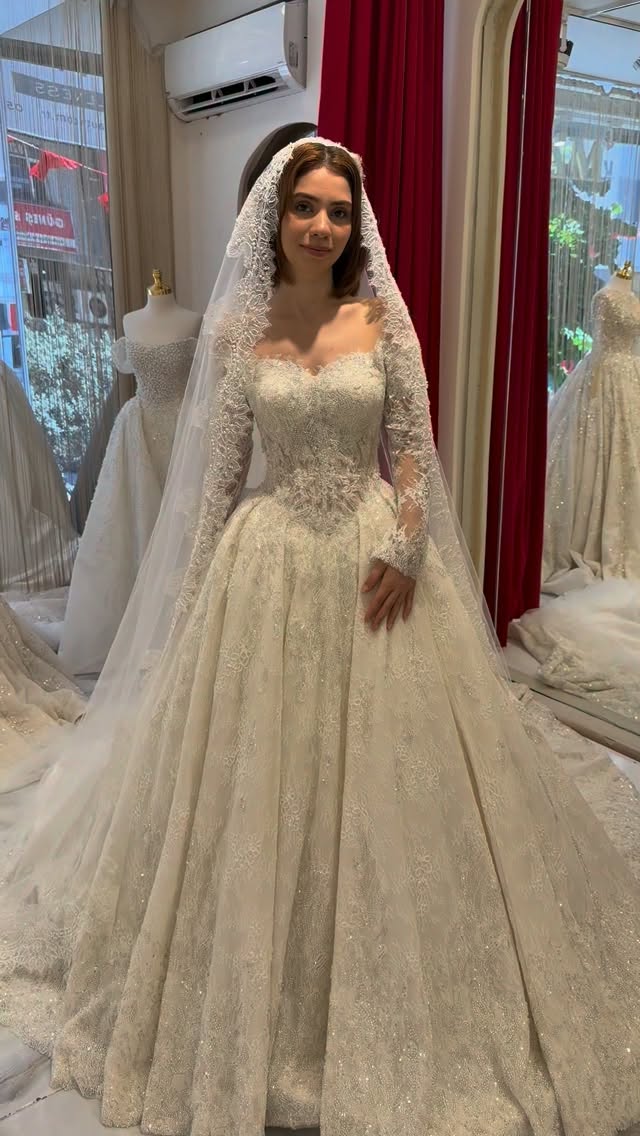 Lace Applique Ball Gown Wedding Dress with Long Sleeves
