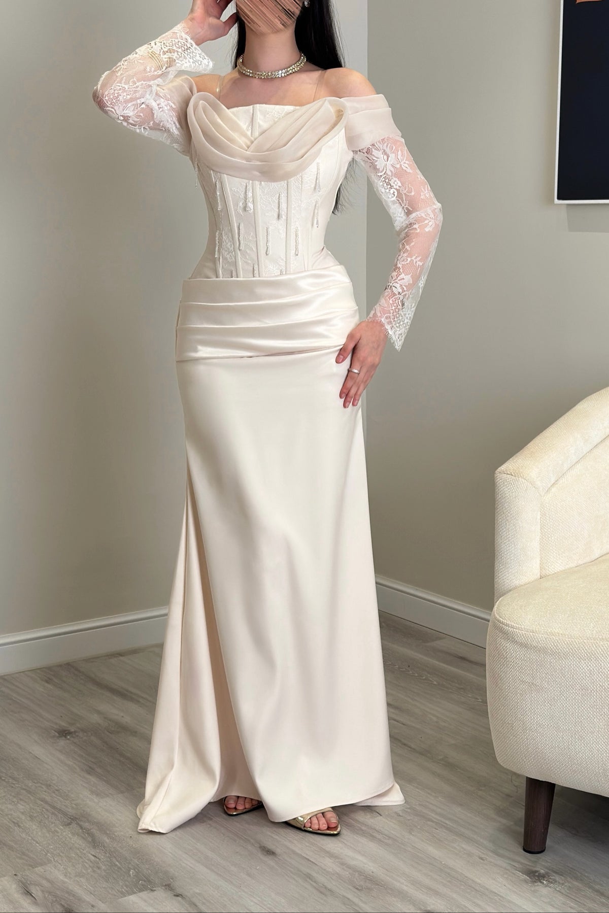 Corset Lace Sleeve Gown with Draped Cowl Neck