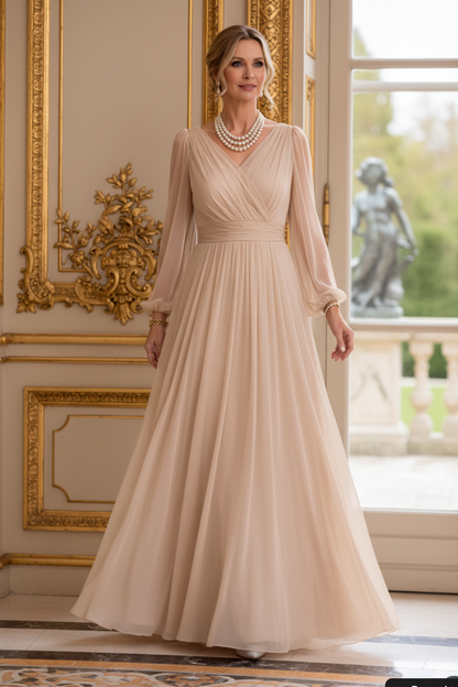 Pleated V-Neck Maxi Dress with Bishop Sleeves