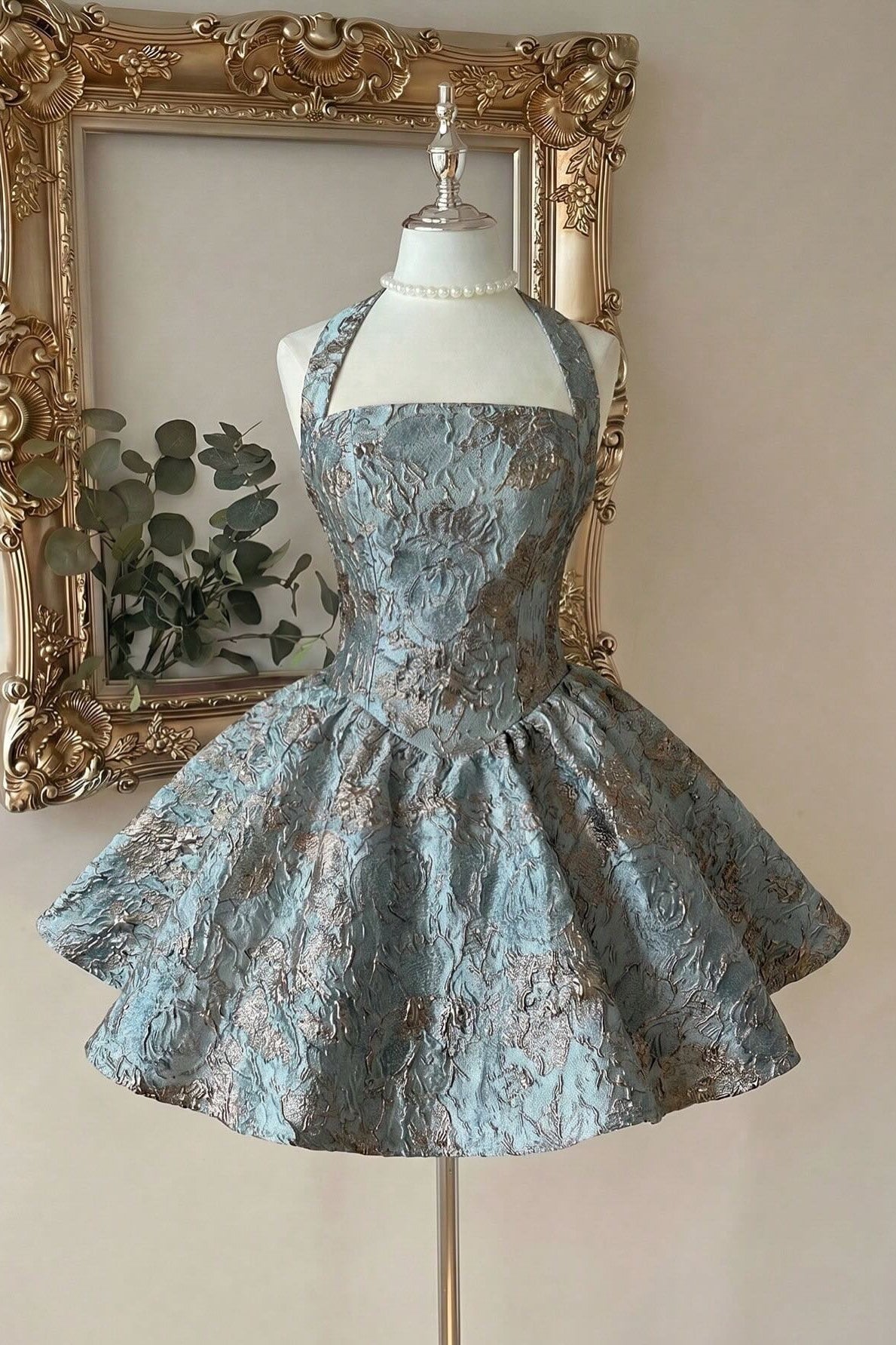 Halter Neck Jacquard Fit and Flare Mini Dress