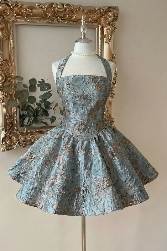 Halter Neck Jacquard Fit and Flare Mini Dress