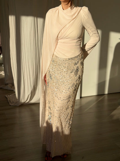 Draped High Neck Gown with Sequin Column Skirt