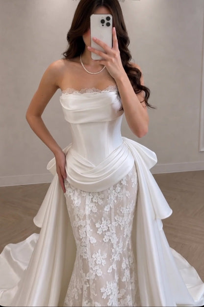 Strapless Corset Lace Wedding Dress with Overskirt
