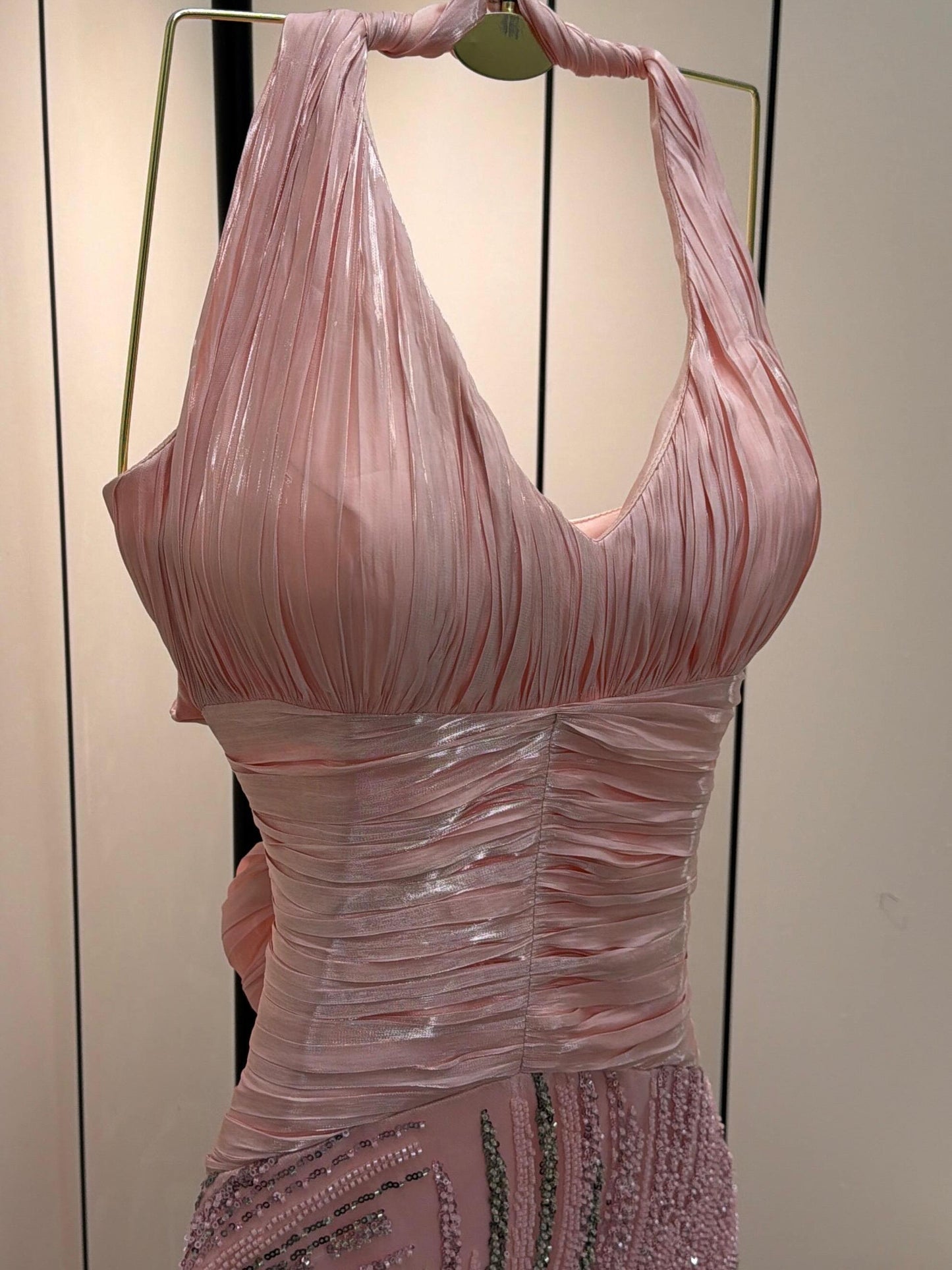 Halter Ruched Bodice Beaded Mermaid Gown