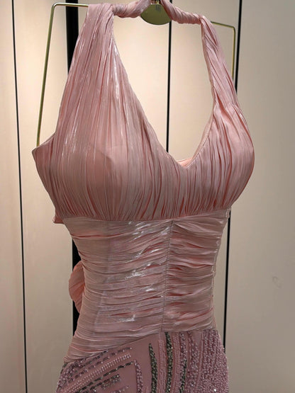 Halter Ruched Bodice Beaded Mermaid Gown