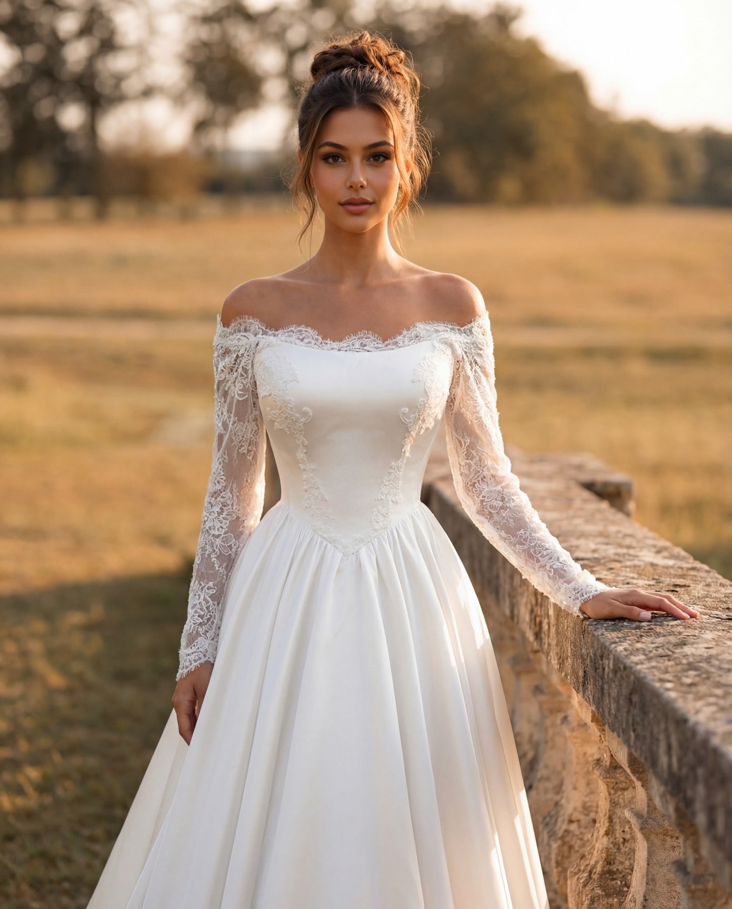 Off-Shoulder Lace Sleeve A-Line Wedding Dress