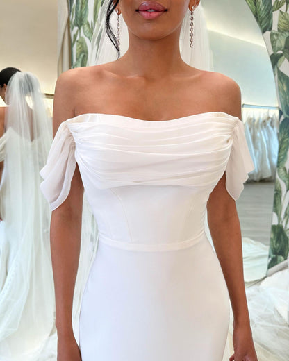 Off-the-Shoulder Ruched Crepe Mermaid Wedding Dress