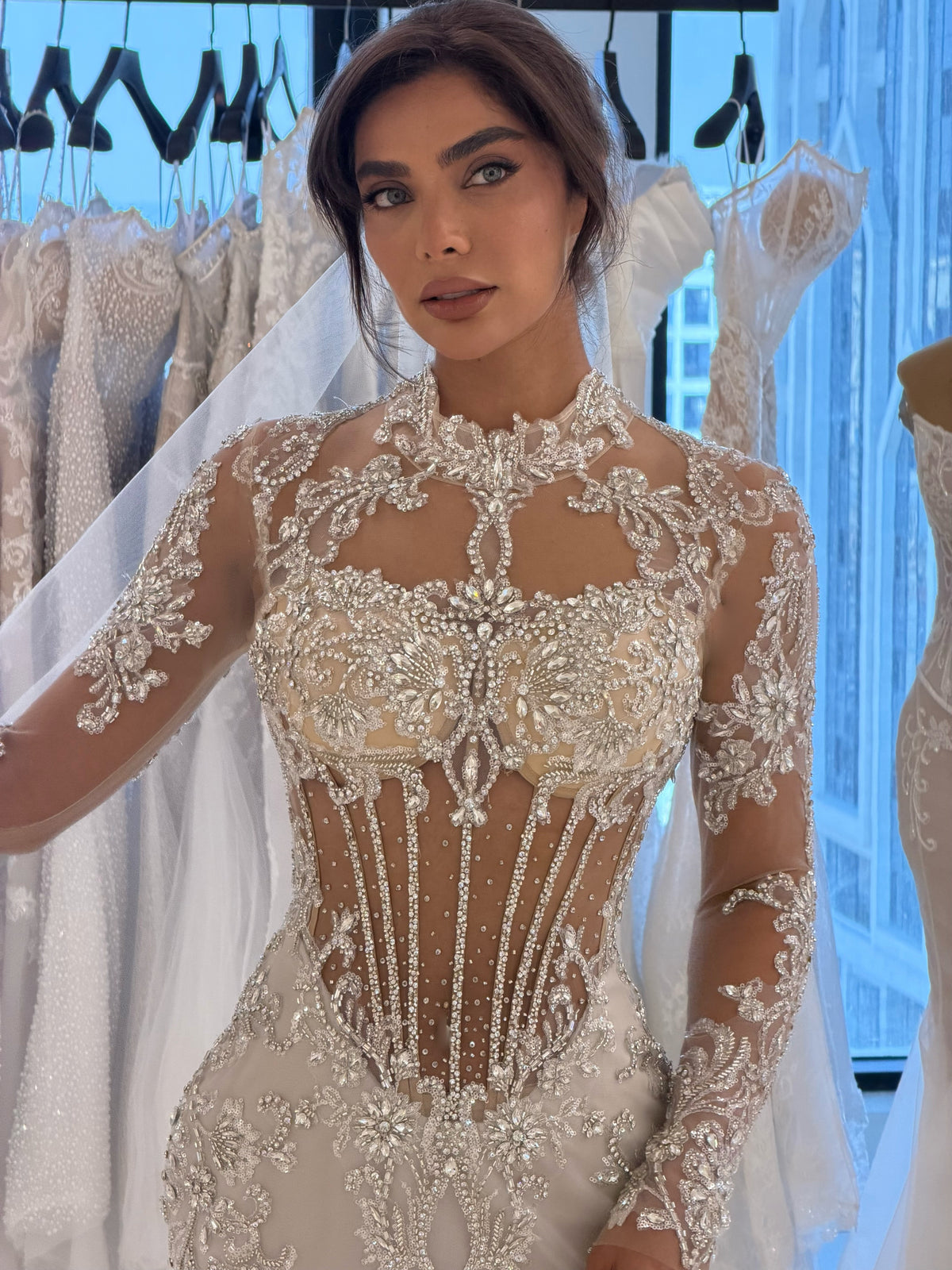 Beaded Corset Long Sleeve Illusion Wedding Dress
