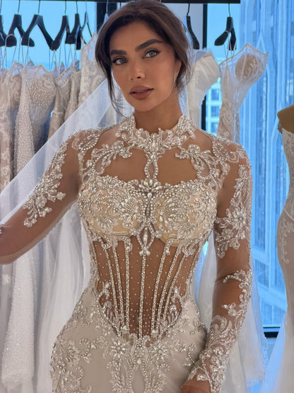 Beaded Corset Long Sleeve Illusion Wedding Dress