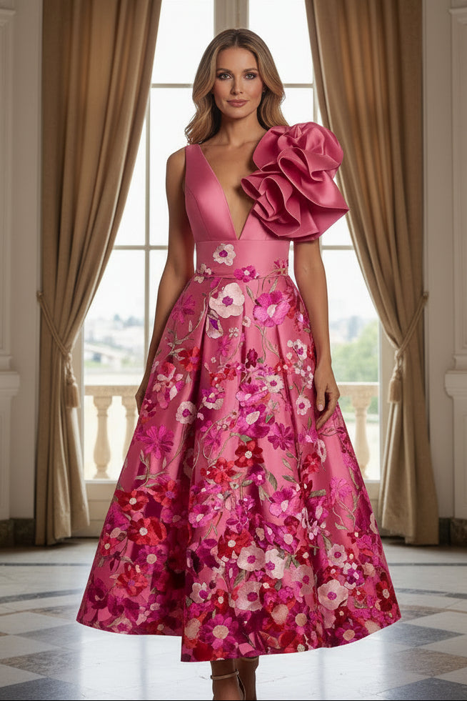 Floral Print Deep V A-Line Midi Dress with Shoulder Rosette