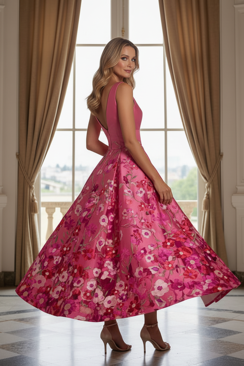Floral Print Deep V A-Line Midi Dress with Shoulder Rosette
