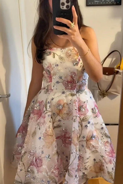 Strapless Floral Sequin Fit and Flare Party Dress