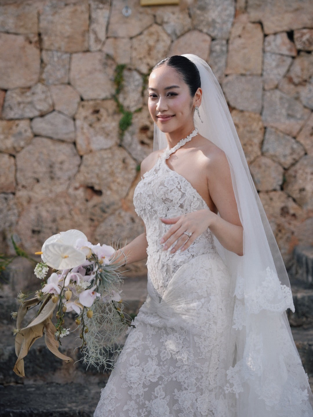 Illusion High Neck Lace Wedding Gown with Train