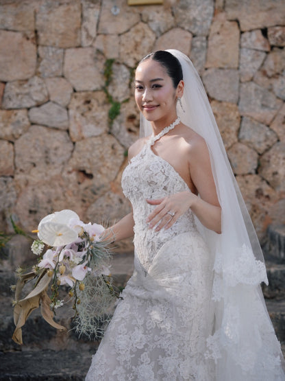 Illusion High Neck Lace Wedding Gown with Train