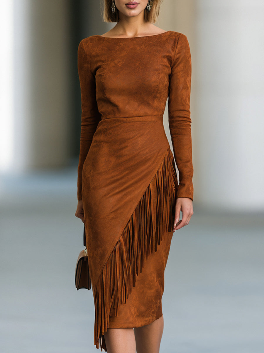 Fringe Hem Long Sleeve Midi Dress