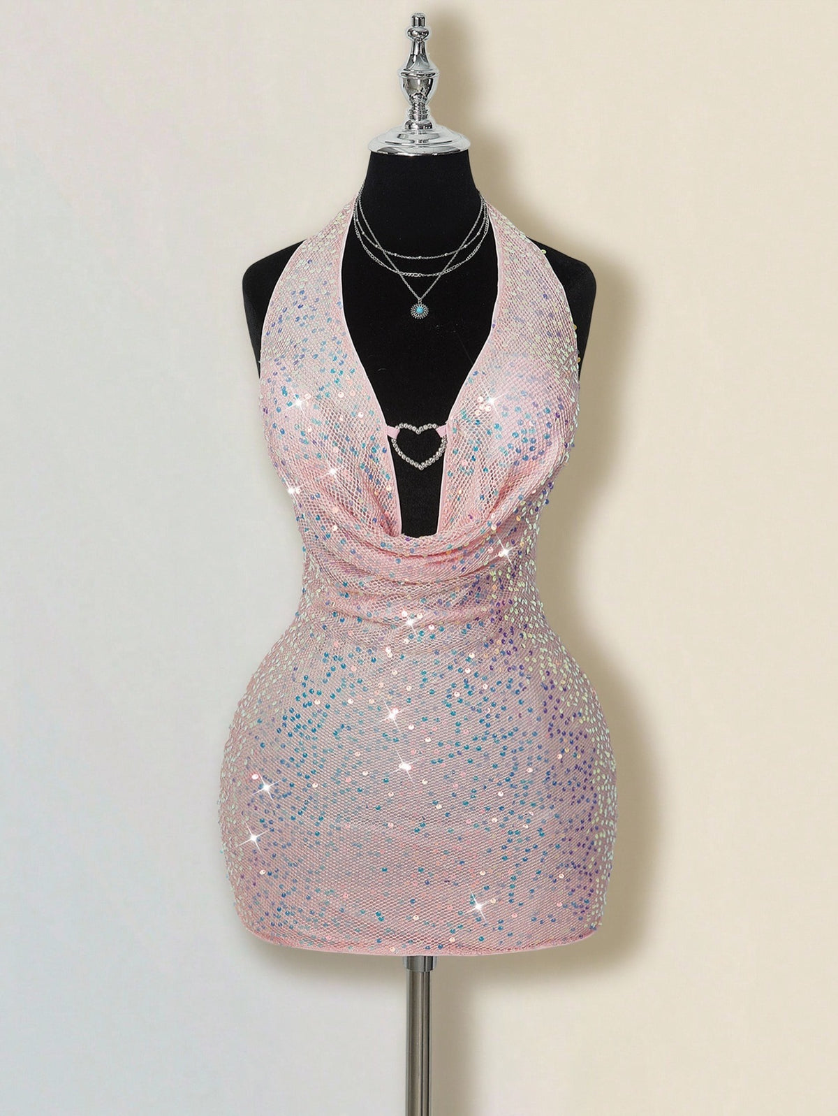 Halter Sequin Mini Dress with Heart Ring Cowl Neck