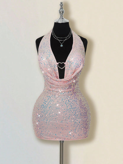 Halter Sequin Mini Dress with Heart Ring Cowl Neck