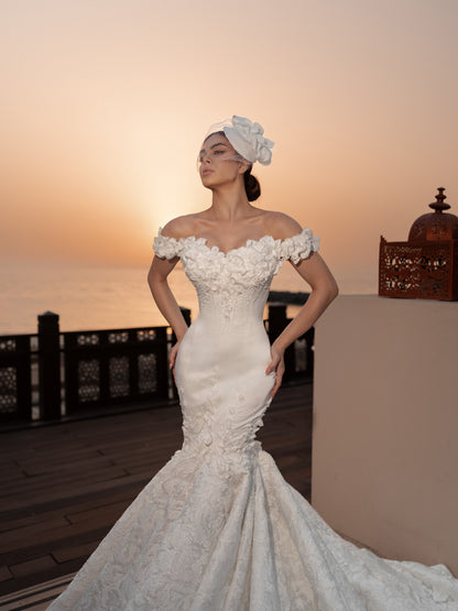 Off-the-Shoulder 3D Floral Mermaid Wedding Dress