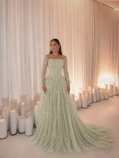 Corset Evening Gown with Beaded Sleeves and Train