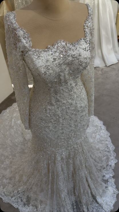 Beaded Lace Mermaid Wedding Dress with Long Sleeves