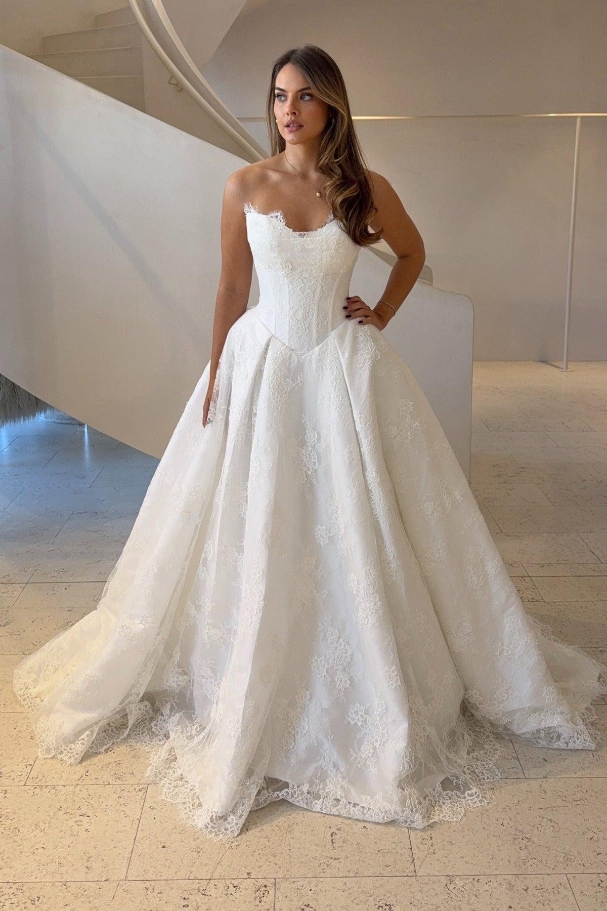 Strapless Lace Basq Waist Ball Gown Wedding Dress