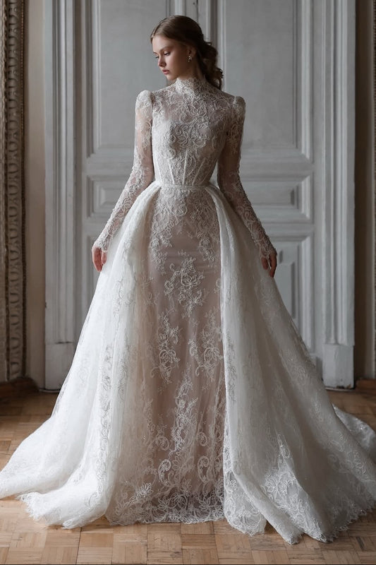 High Neck Lace Mermaid Wedding Dress with Overskirt