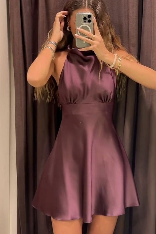 Sleeveless Satin Halter Neck Mini Dress