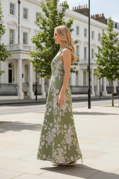 Floral Jacquard Maxi Dress with Cropped Jacket Set