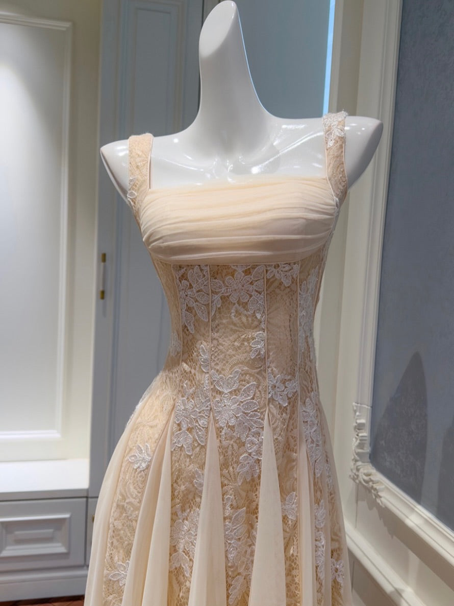 Square Neck Lace Corset A-Line Maxi Dress