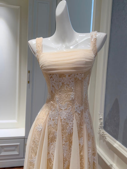 Square Neck Lace Corset A-Line Maxi Dress