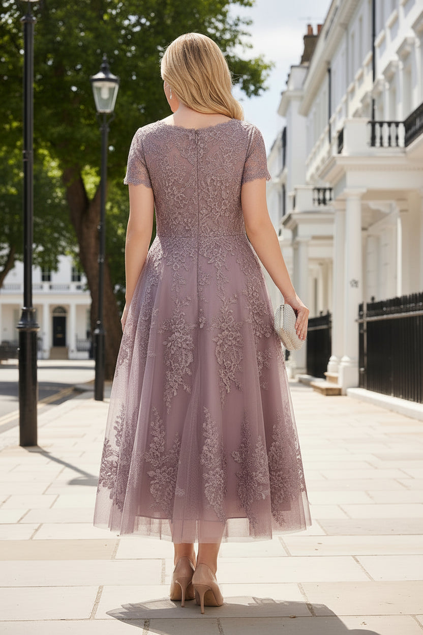 Lace Applique A-Line Tea-Length Dress