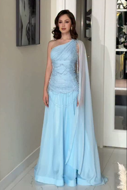 One-Shoulder Beaded Draped Cape Evening Gown