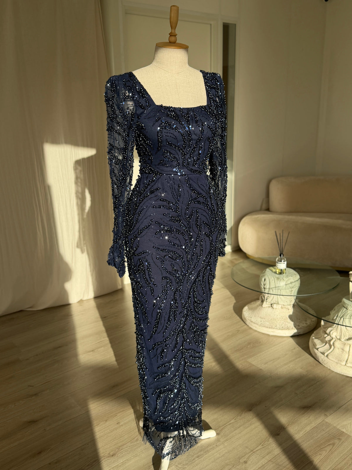 Sequin Swirl Long Sleeve Square Neck Maxi Dress