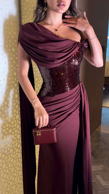 Asymmetrical Sequin Corset Cape Evening Gown