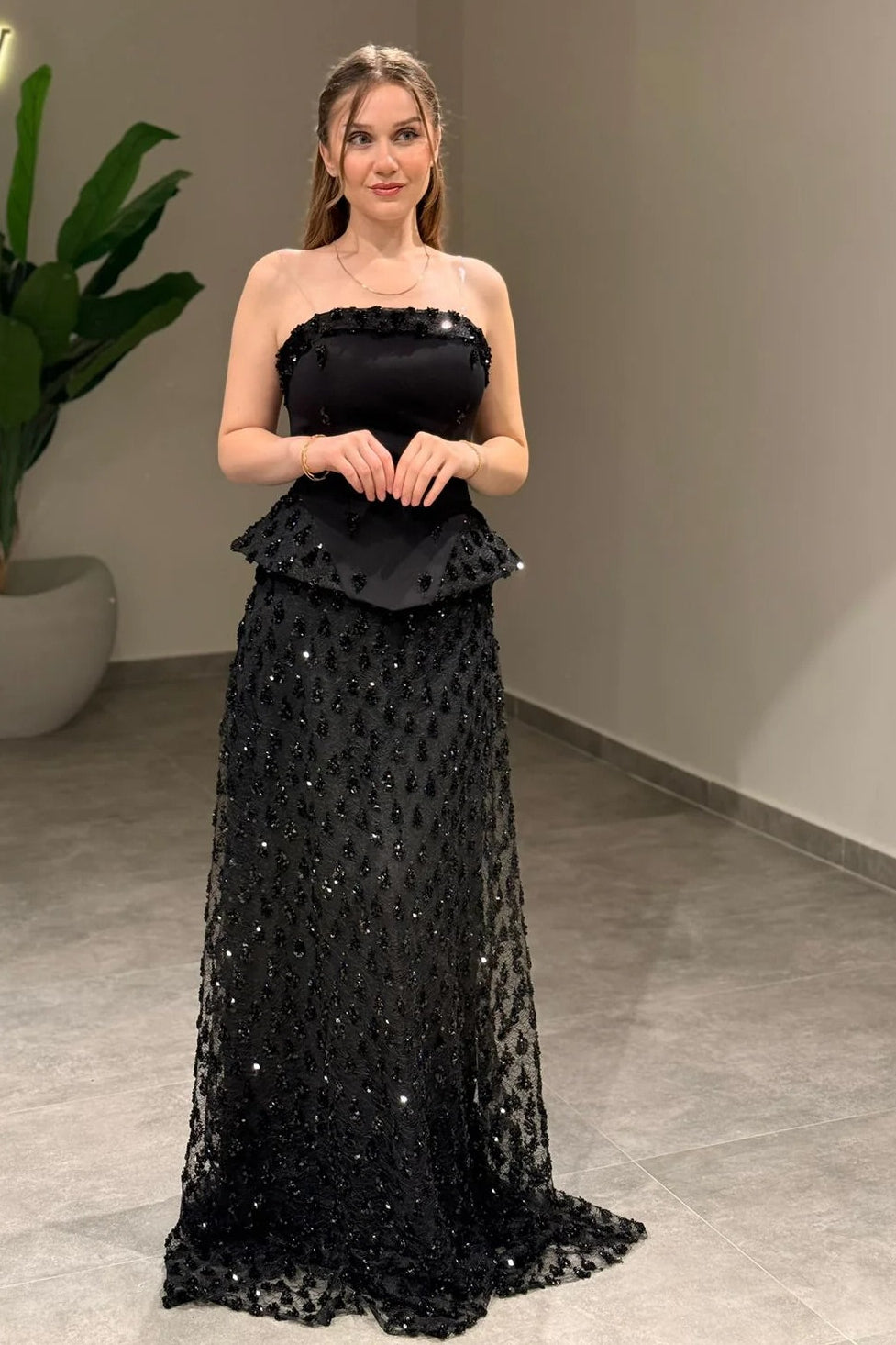 Strapless Peplum Sequin Evening Gown
