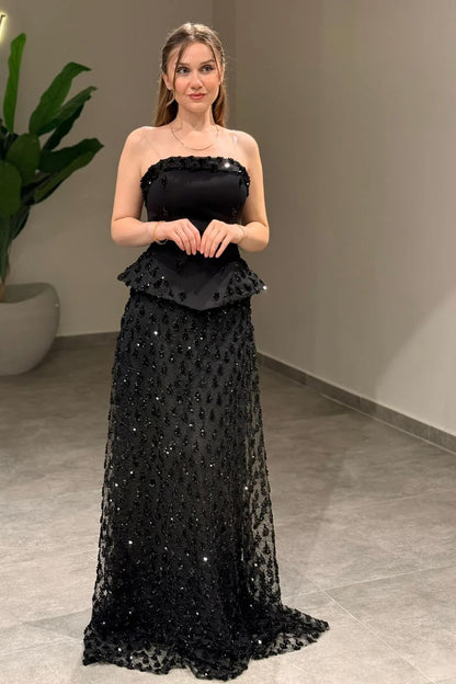 Strapless Peplum Sequin Evening Gown