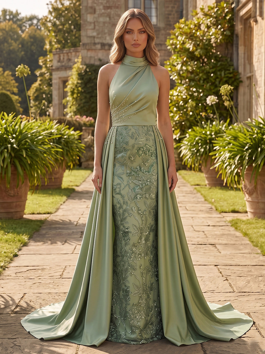 Halter A-Line Evening Gown with Embroidered Skirt