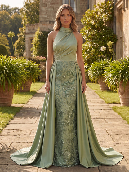 Halter A-Line Evening Gown with Embroidered Skirt