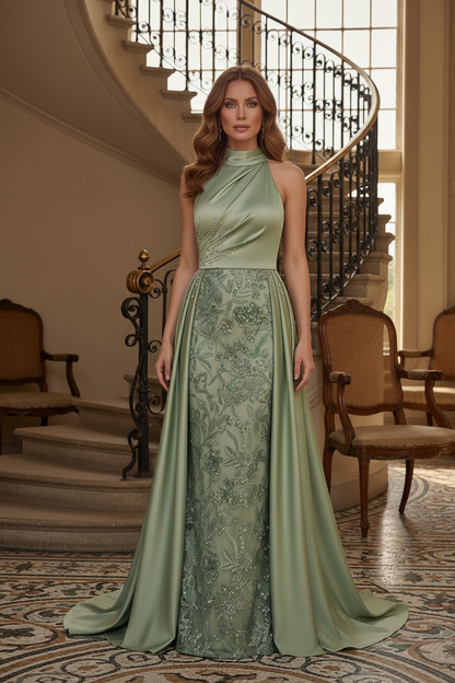 Halter A-Line Evening Gown with Embroidered Skirt