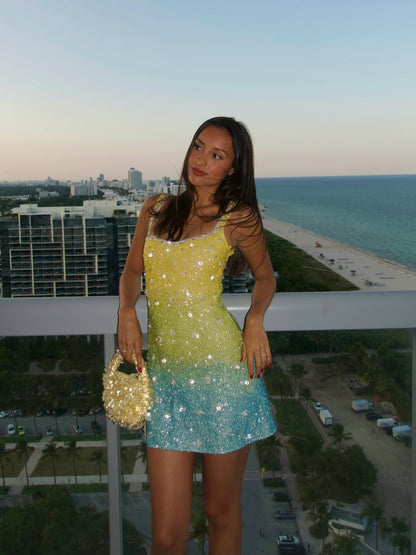 Beaded Ombre Scoop Neck Mini Dress