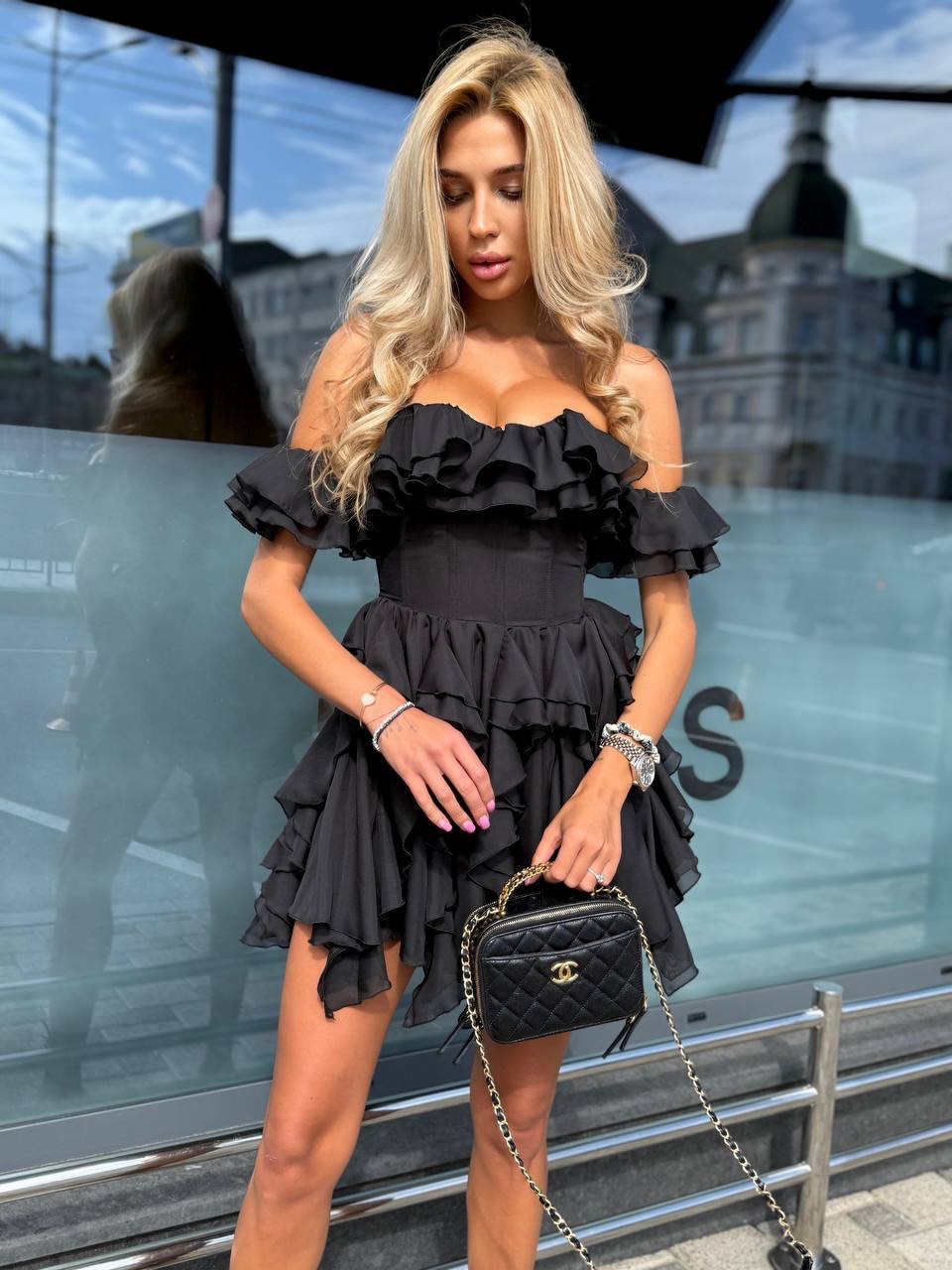 Corset Tiered Ruffle Off-the-Shoulder Mini Dress