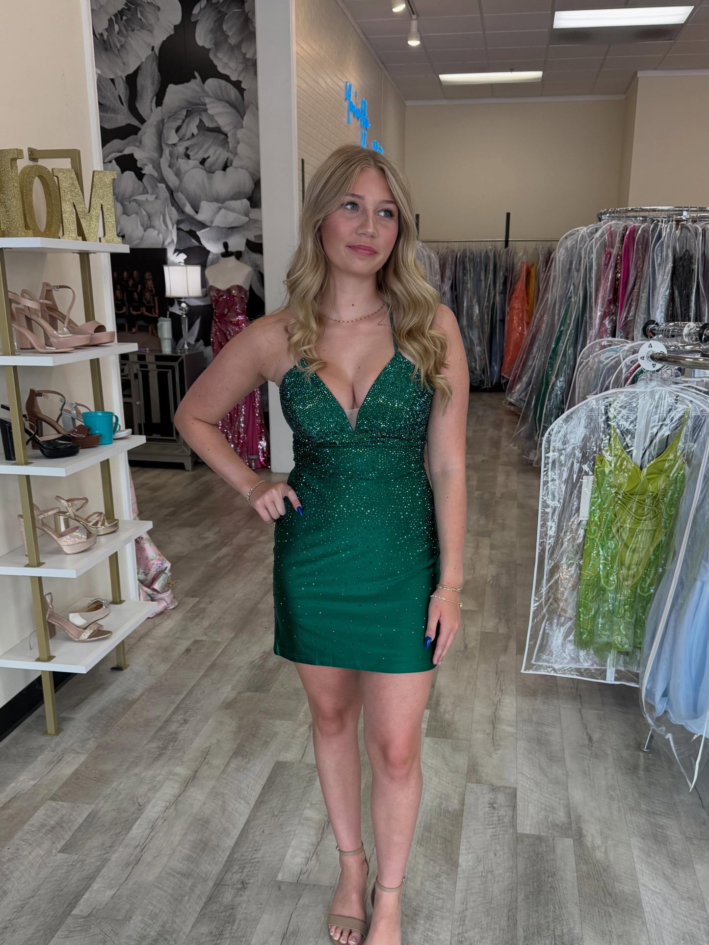 Rhinestone Embellished V-Neck Bodycon Mini Dress