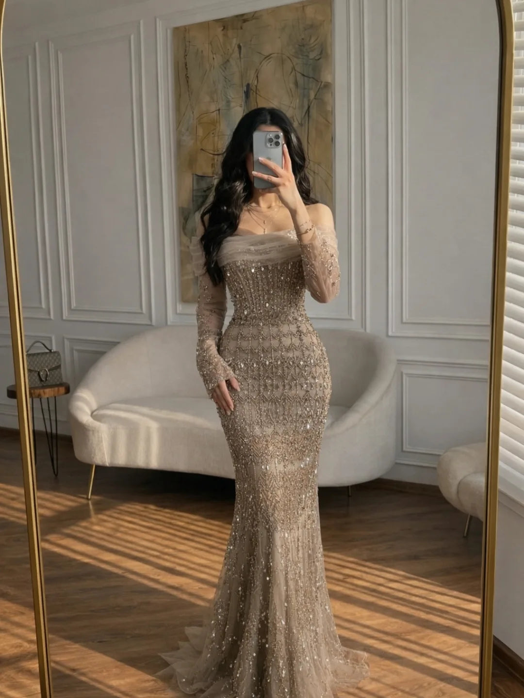 Off-The-Shoulder Beaded Mermaid Evening Gown