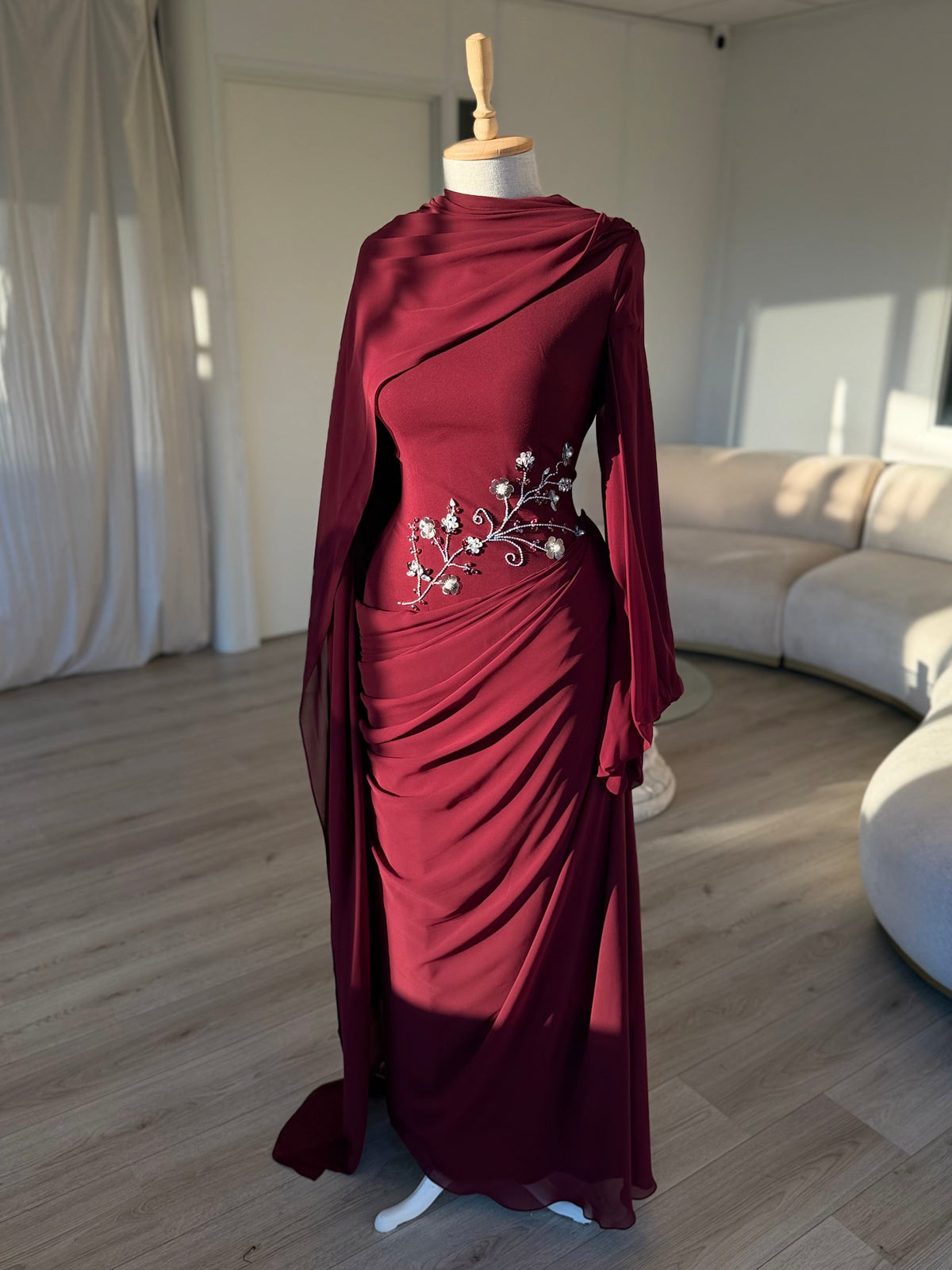 Draped Cape Sleeve Gown with Beaded Waist Detail