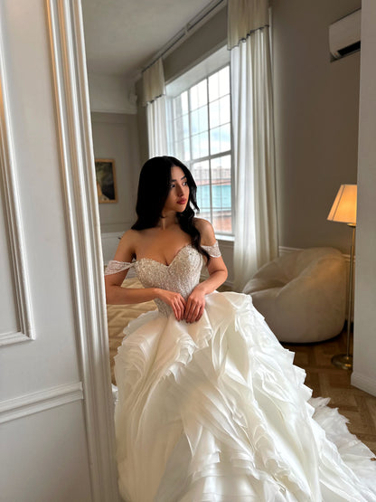 Beaded Bodice Tiered Ruffle Ball Gown Wedding Dress