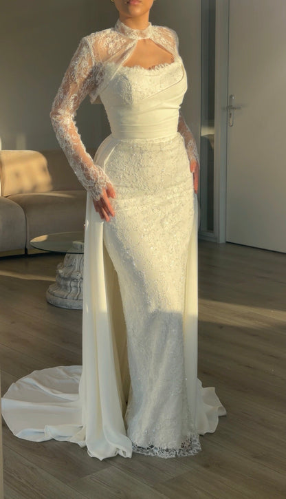 Lace Sheath Gown with Keyhole Neck & Overskirt