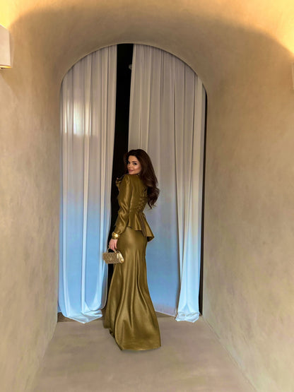 Pleated Peplum Long Sleeve Formal Evening Gown