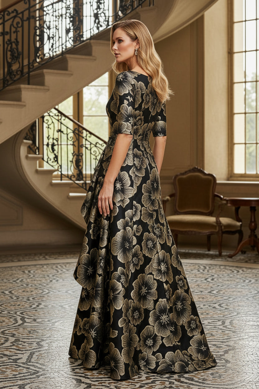 Floral Jacquard Evening Gown with Side-Draped Ruffle Skirt